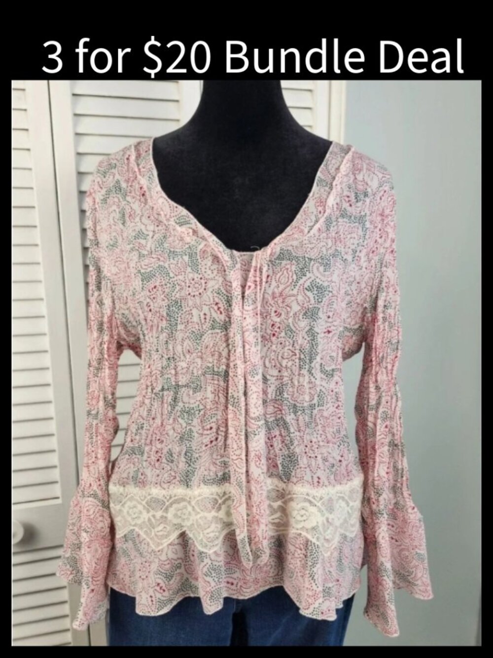 Robbie Bee Floral Blouse Medium Lace Y2K Red White Long Sleeve Ruffle